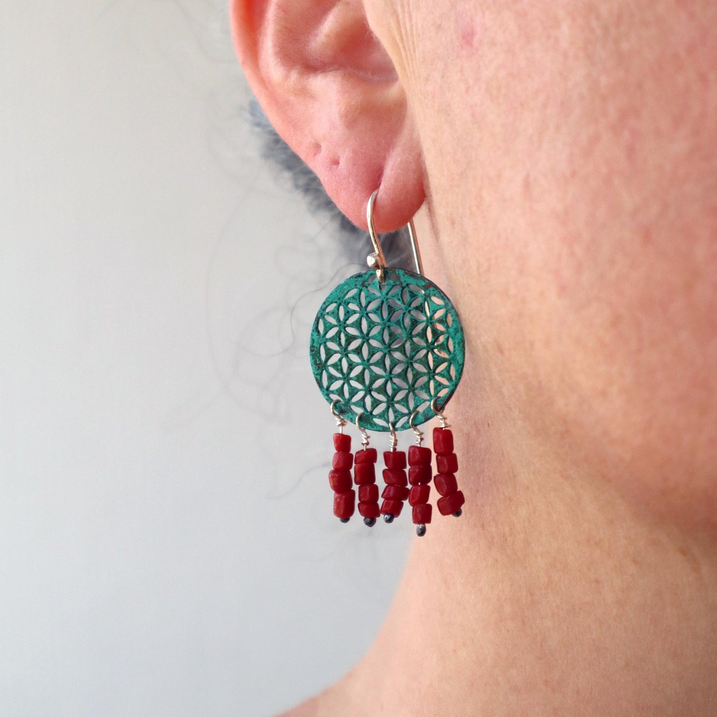 AROS FLOR DE LA VIDA PÁTINA VERDE Y CORAL